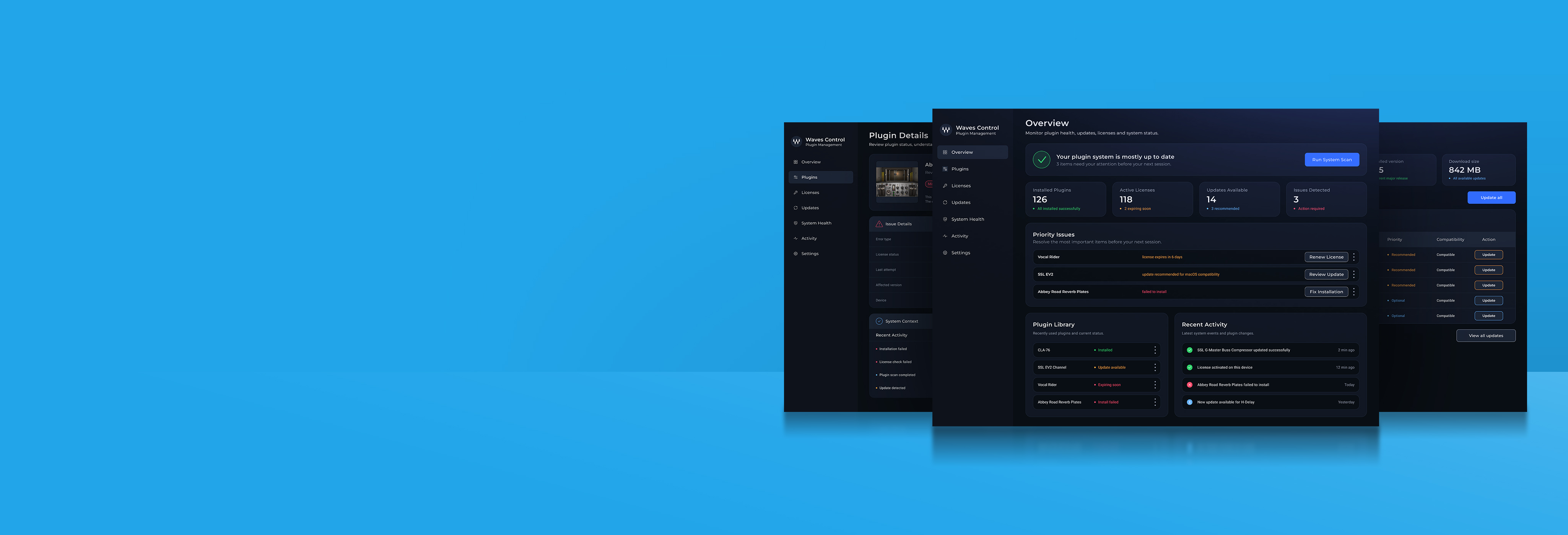 Waves Control Center dashboard on a laptop atop a geometric pedestal