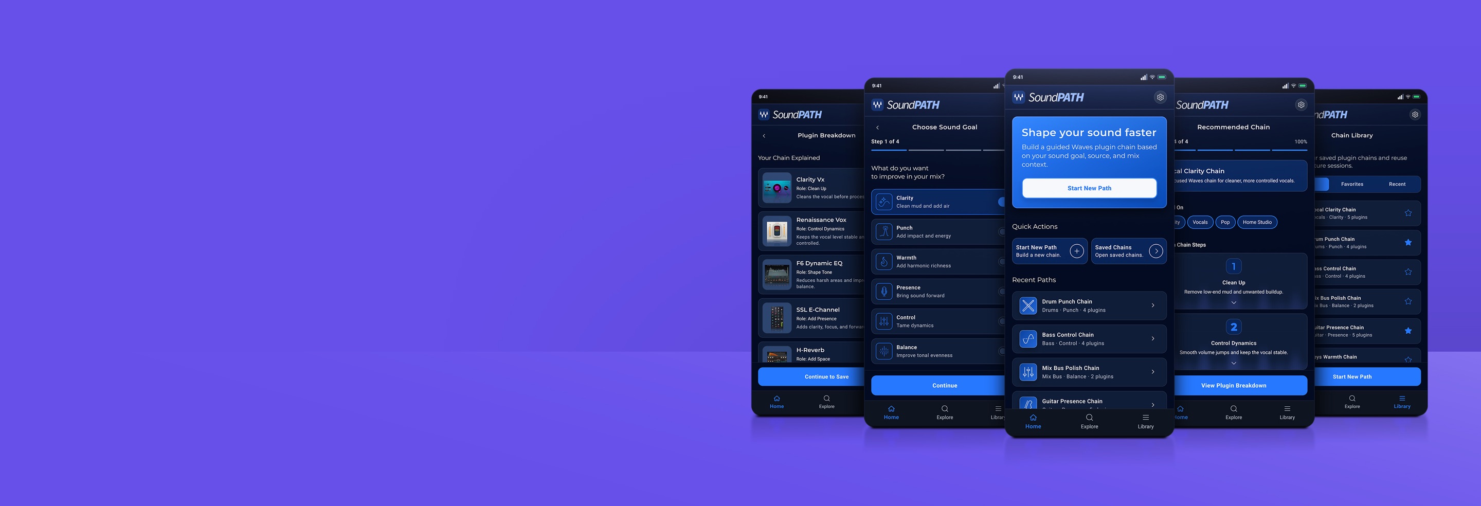SoundPath mobile app mockup on a geometric pedestal