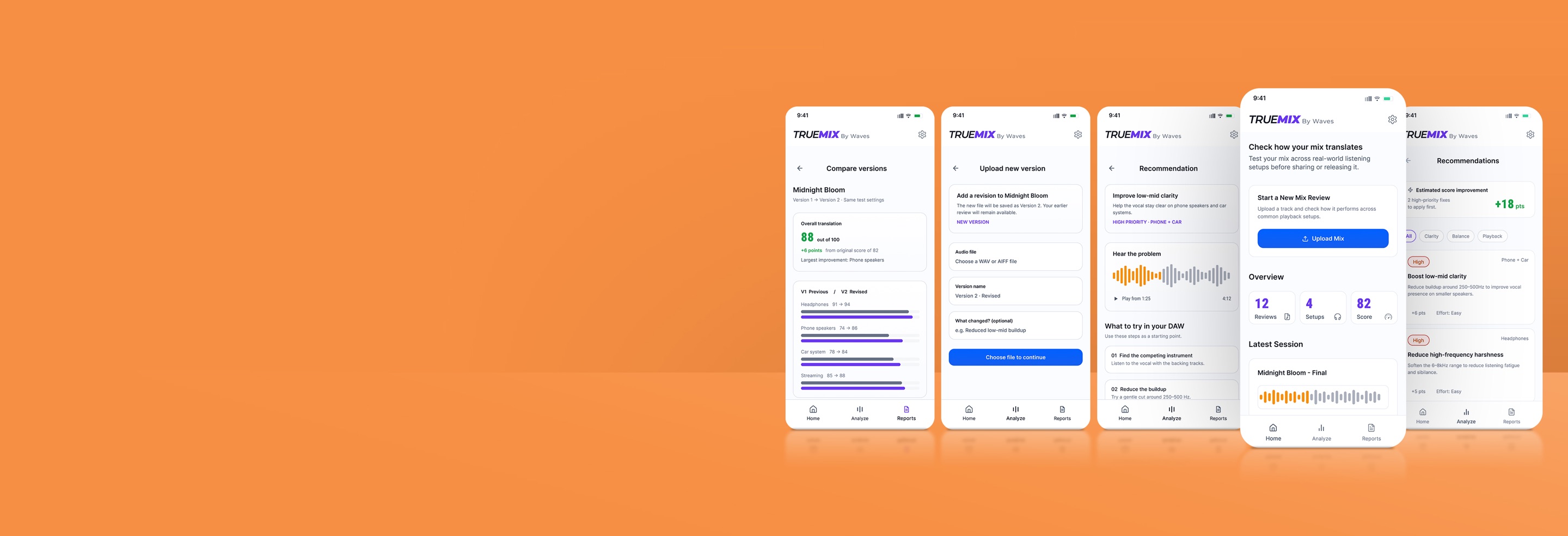 Waves TrueMix mobile app mockup on a geometric pedestal