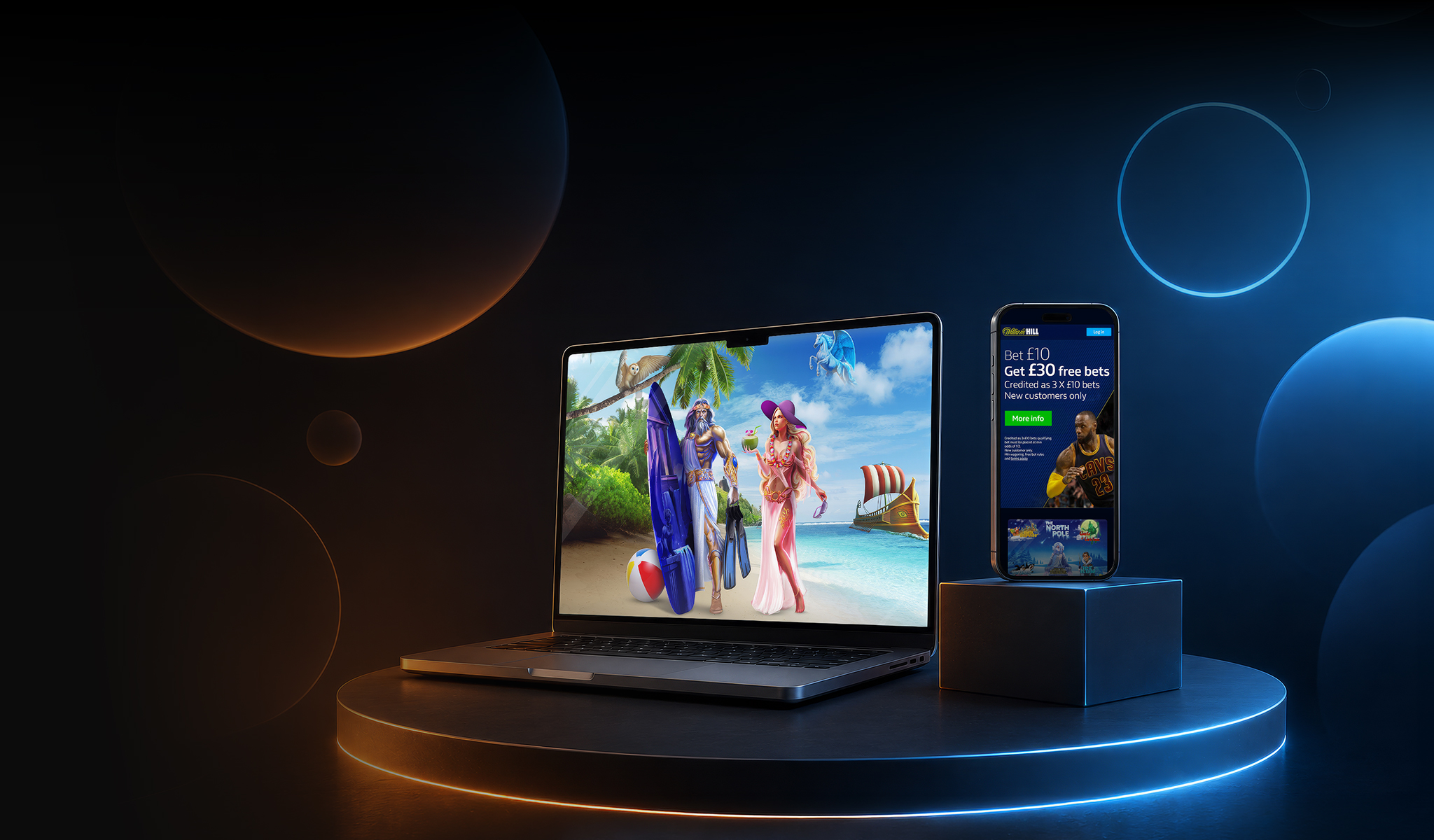 William Hill online gaming — laptop and phone product mockups, tablet
